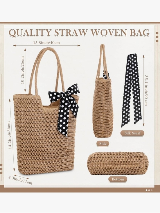 Woven Straw Tote Bag with Polka Dot Scarf - Natural - Picture 3 of 6